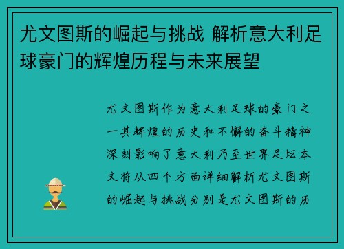 尤文图斯的崛起与挑战 解析意大利足球豪门的辉煌历程与未来展望