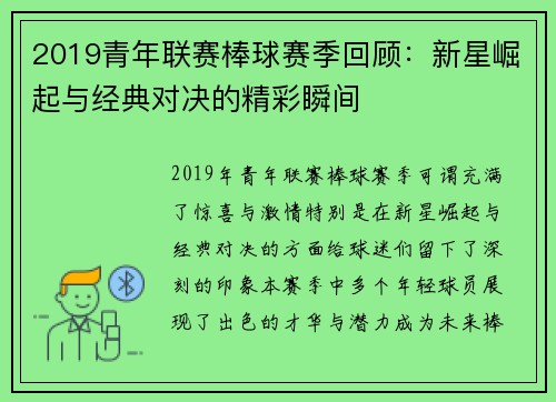 2019青年联赛棒球赛季回顾：新星崛起与经典对决的精彩瞬间
